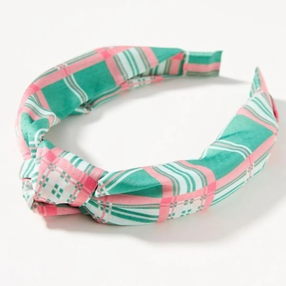 Anthropologie Preppy Knot Green Pink  checkered  Headband